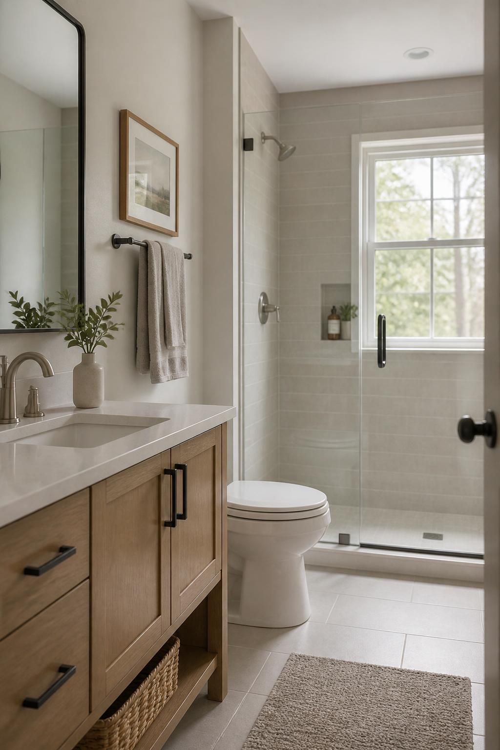 Modern bathroom with installed toilet and clean vanity fixtures.