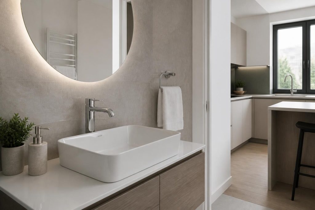 Modern bathroom and kitchen with clean polished plumbing fixtures.